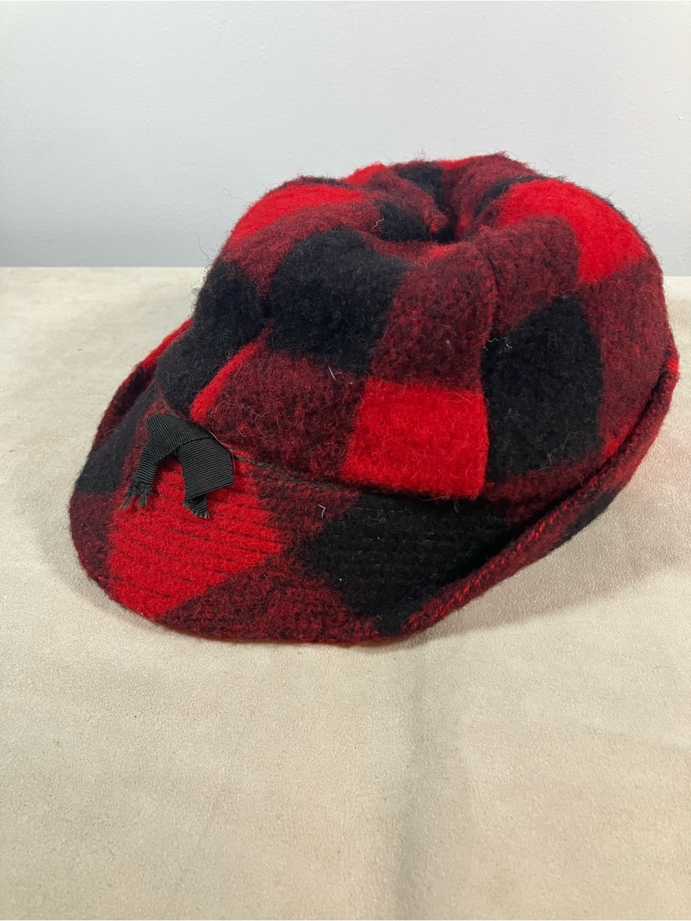 VTG Woolrich Trapper Bucket Cap Hunters Hat Buffalo Plaid Black Red Wool 7 1/8 View 2